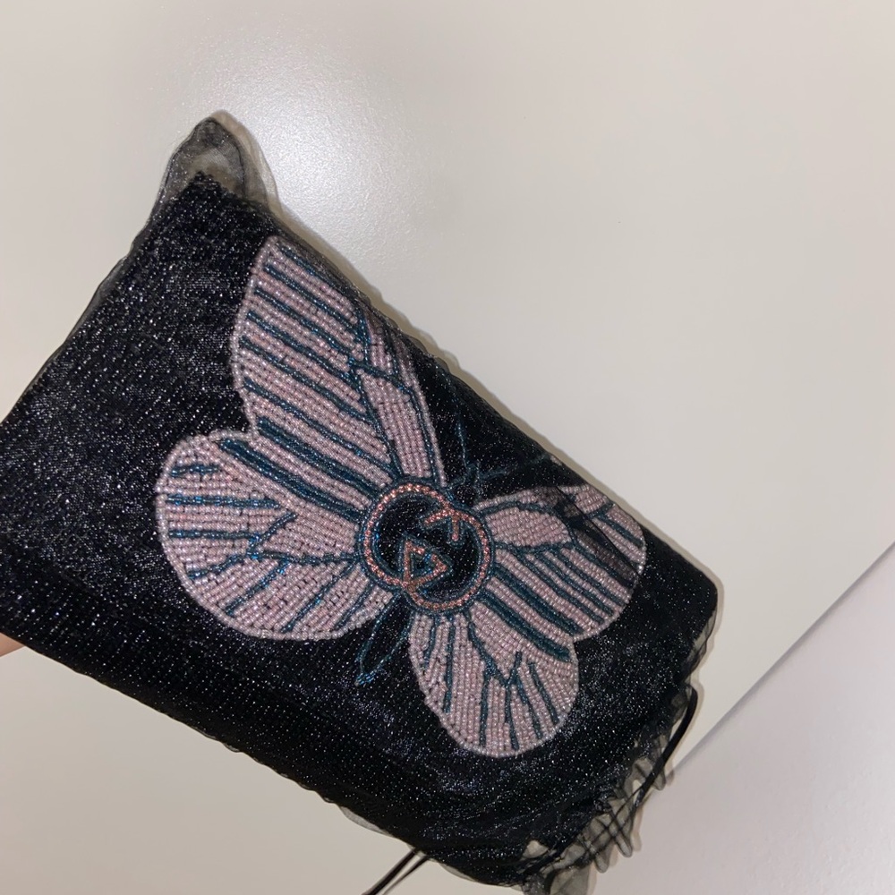 NEW GG Butterfly Clutch Crossbody chain strap Black Beaded Clutch Pink Design - Picture 2 of 4